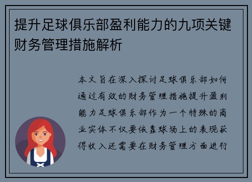 提升足球俱乐部盈利能力的九项关键财务管理措施解析 提升足球俱乐部盈利能力的九项关键财务管理措施解析