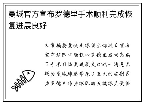 曼城官方宣布罗德里手术顺利完成恢复进展良好 曼城官方宣布罗德里手术顺利完成恢复进展良好